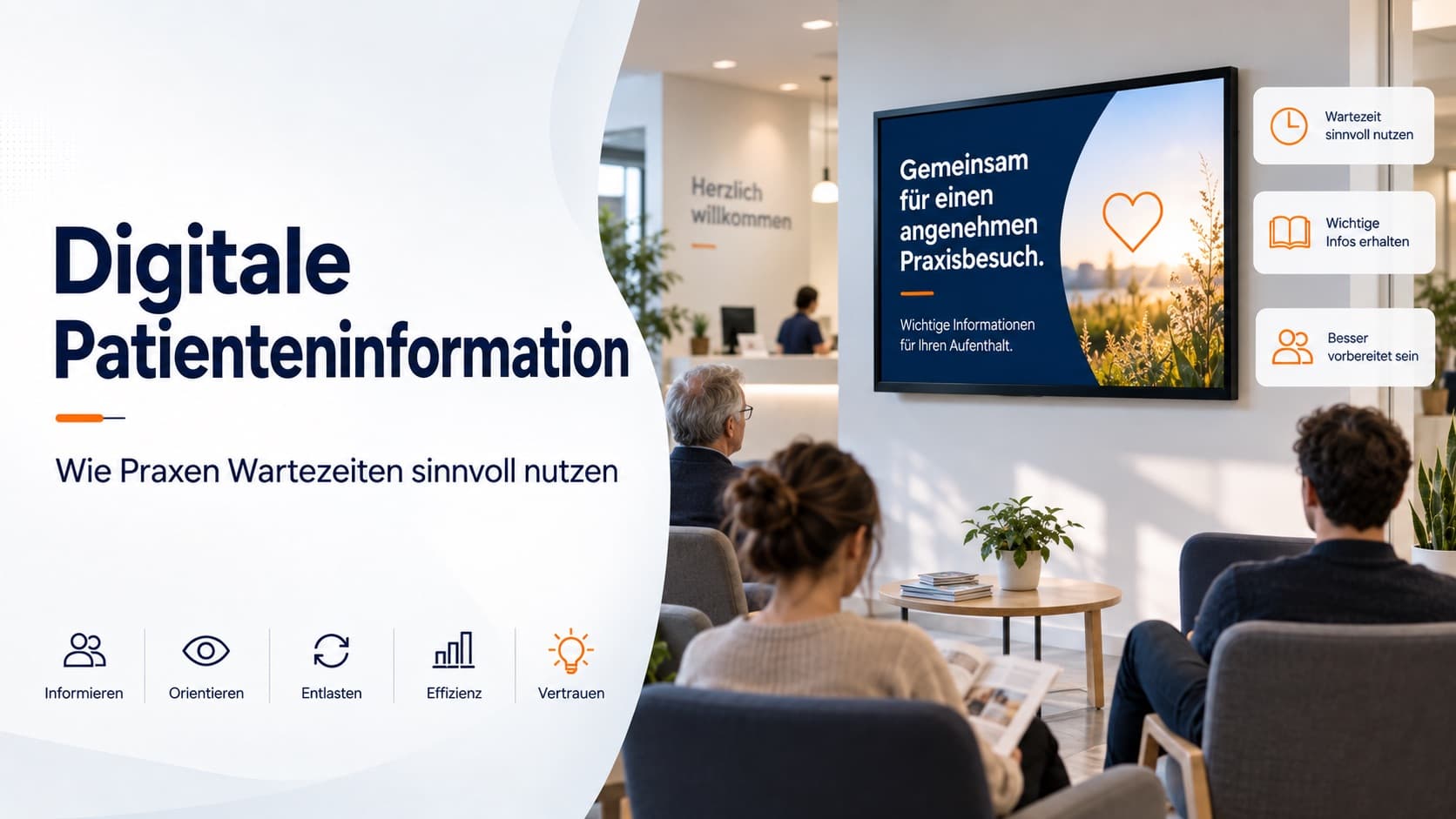 Digitale Patienteninformation auf einem Bildschirm im Wartezimmer